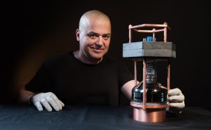 Professor Juan Collar with prototype of neutrino detector, July 27, 2017. (Photo by Jean Lachat)