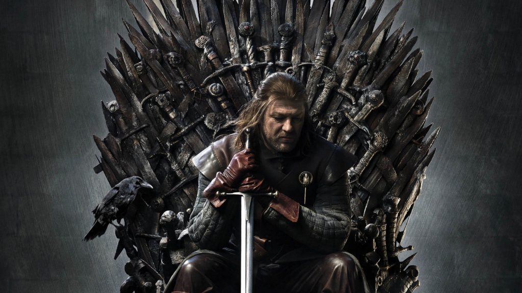 Game of Thrones backdrop - Ned Stark on the iron throne, leaning on a sword